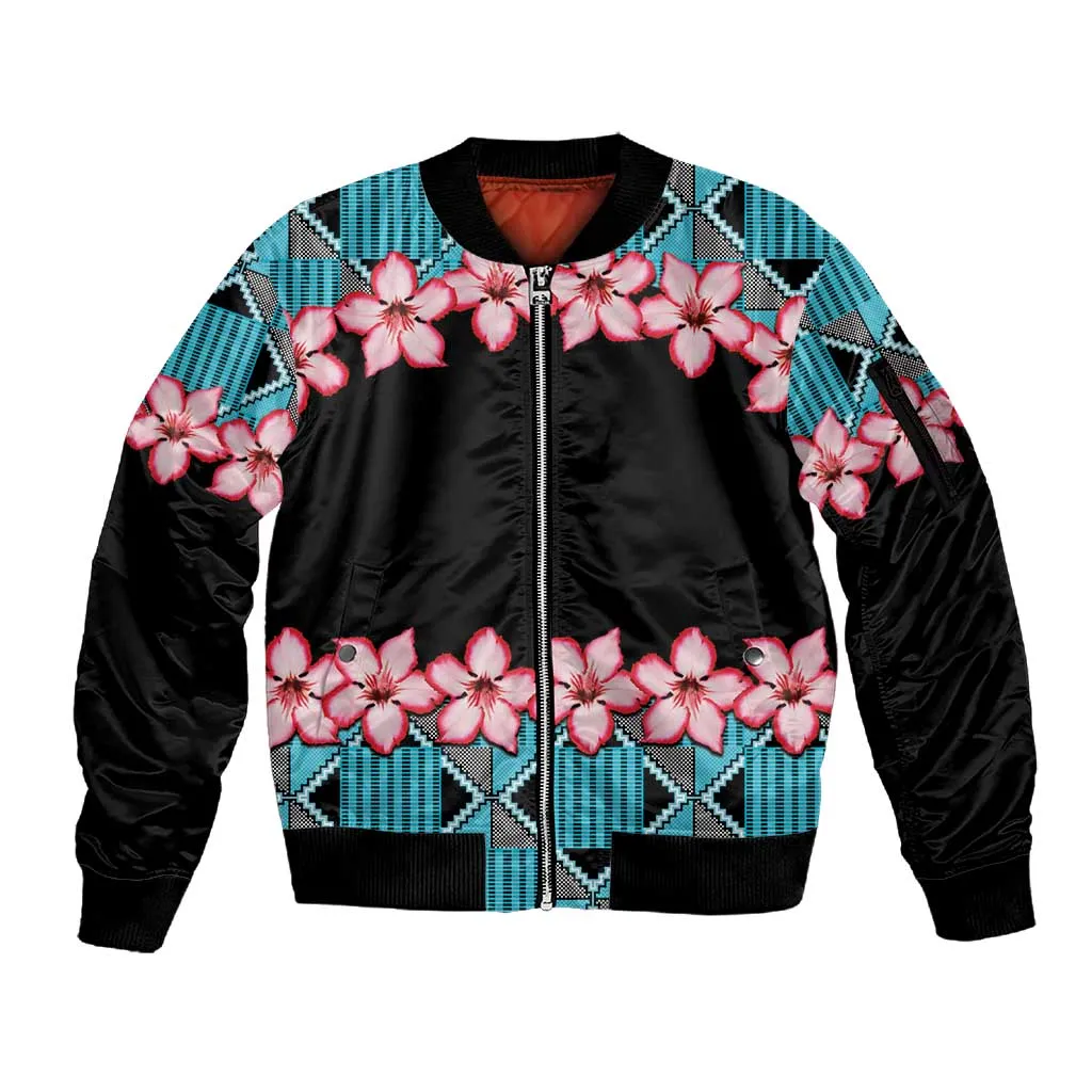 African Adenium Multiflorum Flowers Sleeve Zip Bomber Jacket with Kente Style LT9