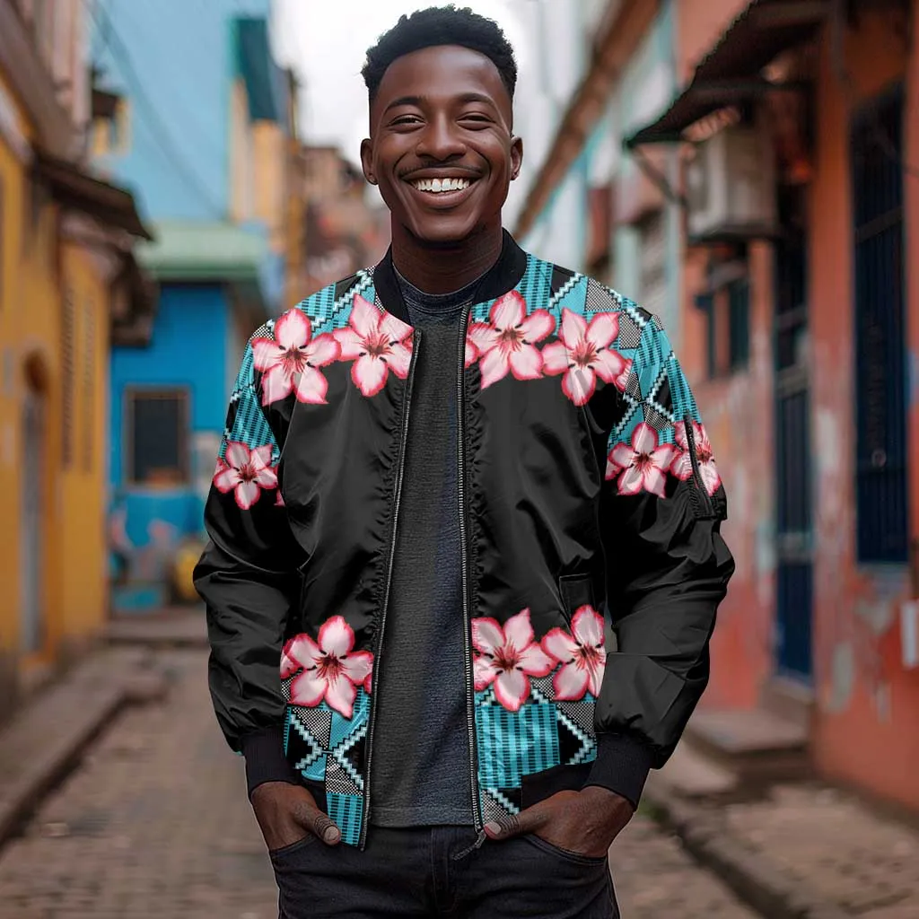 African Adenium Multiflorum Flowers Sleeve Zip Bomber Jacket with Kente Style LT9