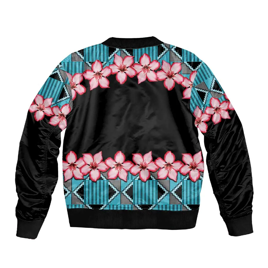 African Adenium Multiflorum Flowers Sleeve Zip Bomber Jacket with Kente Style LT9