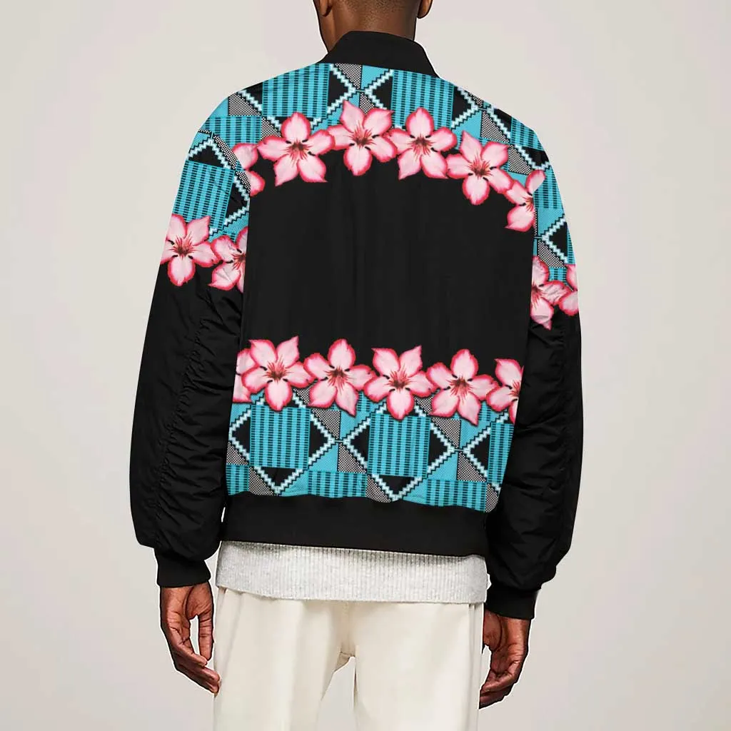 African Adenium Multiflorum Flowers Sleeve Zip Bomber Jacket with Kente Style LT9