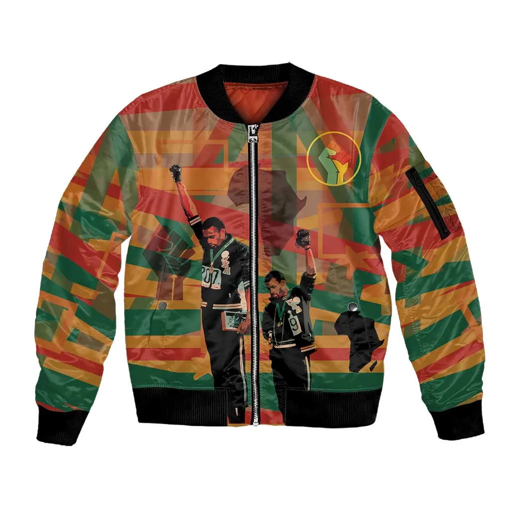 African American 1968 Sleeve Zip Bomber Jacket Black Power Fists of Freedom DT03