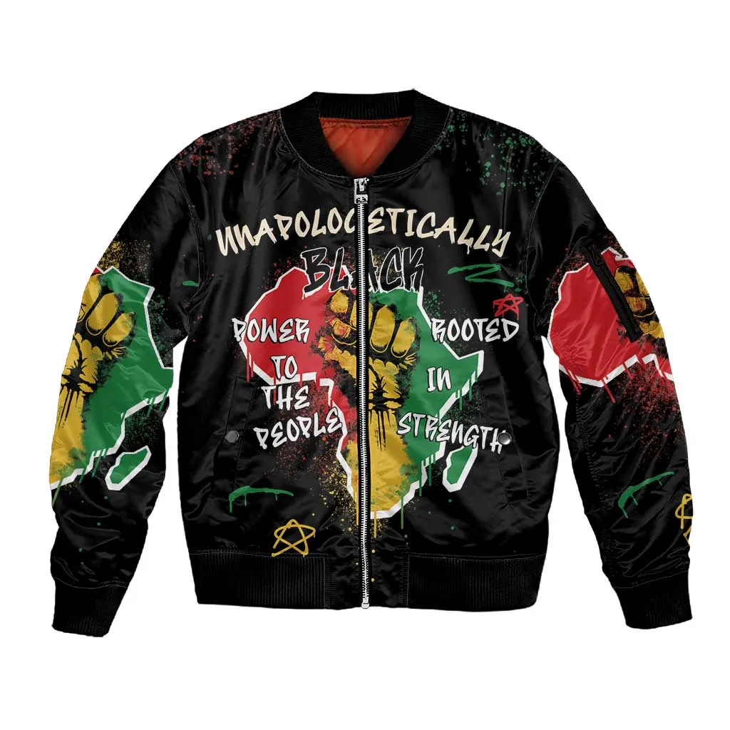 African Black Power Sleeve Zip Bomber Jacket Unapologetically Black Raised Fist DT03