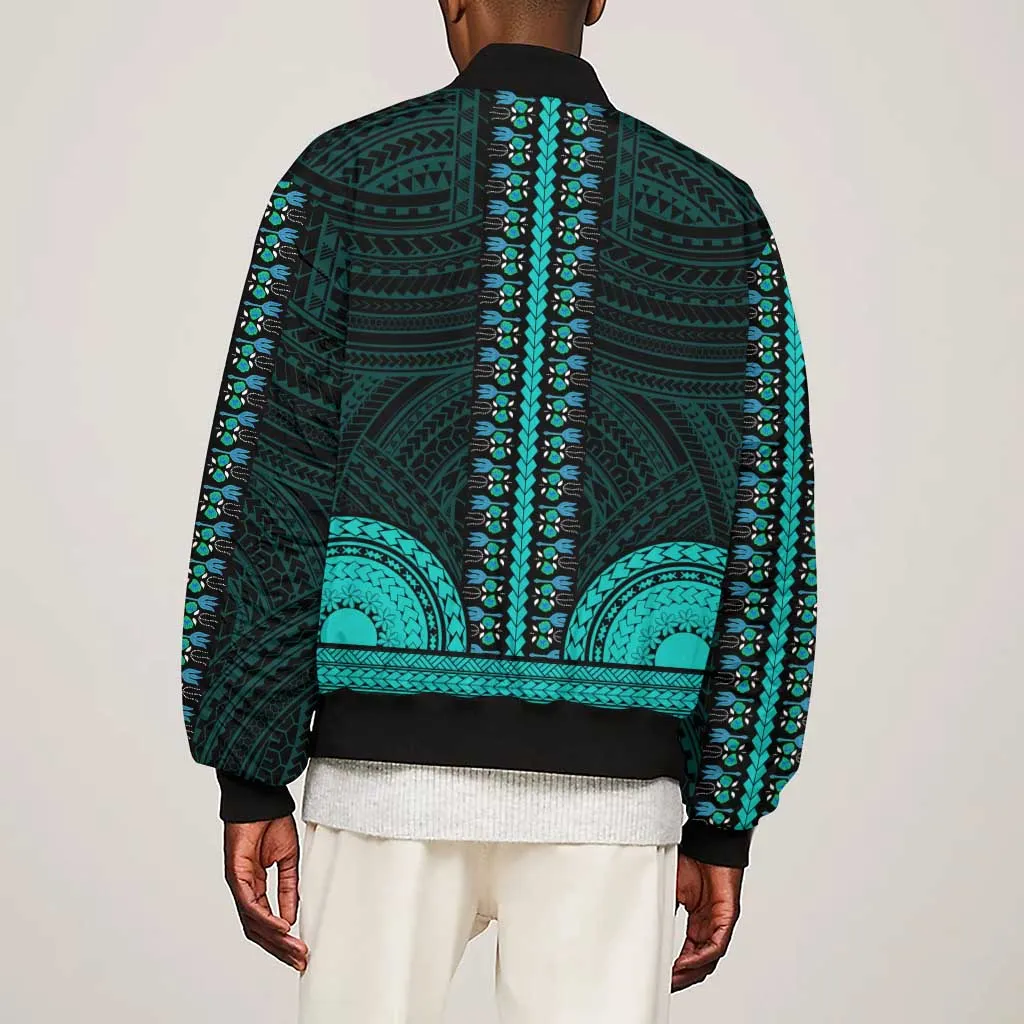 African Dashiki and Polynesian Pattern Sleeve Zip Bomber Jacket Teal LT9