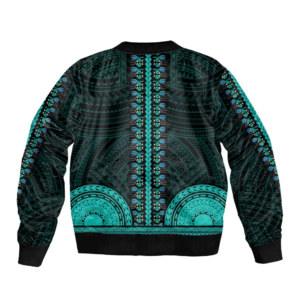 African Dashiki and Polynesian Pattern Sleeve Zip Bomber Jacket Teal LT9