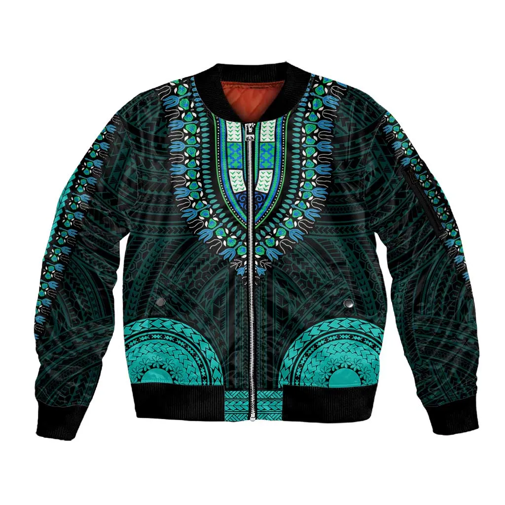 African Dashiki and Polynesian Pattern Sleeve Zip Bomber Jacket Teal LT9