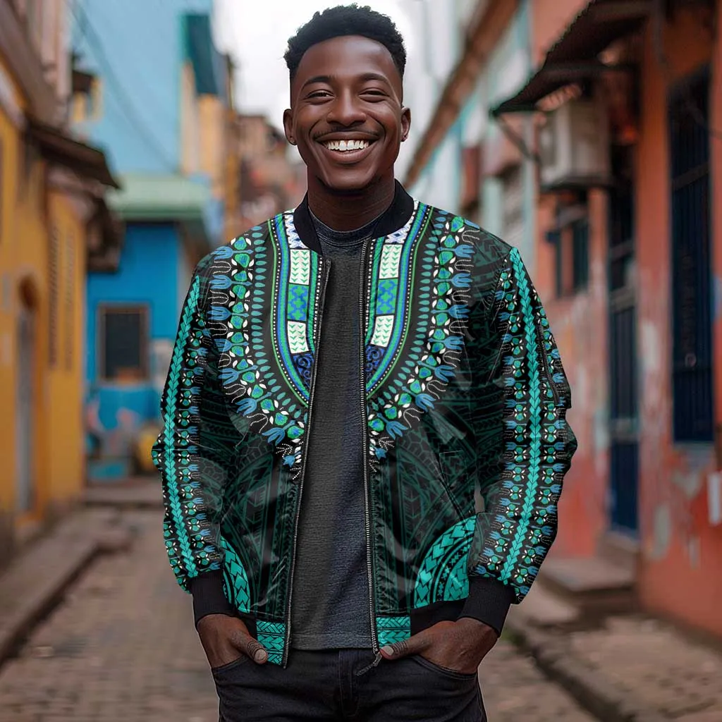 African Dashiki and Polynesian Pattern Sleeve Zip Bomber Jacket Teal LT9
