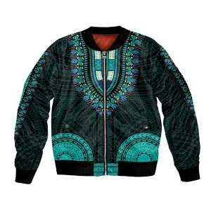 African Dashiki and Polynesian Pattern Sleeve Zip Bomber Jacket Teal LT9