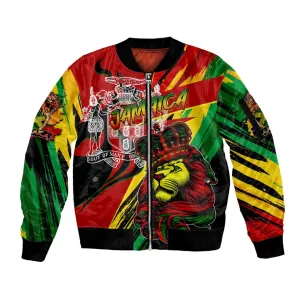 Afro Jamaica Lion Sleeve Zip Bomber Jacket Coat Of Arms Rastafarianism DT02