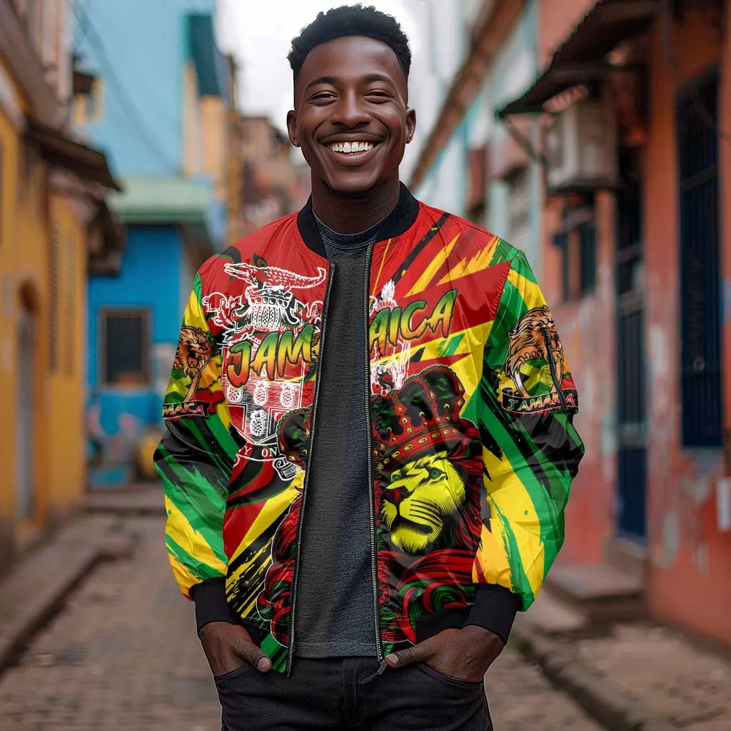 Afro Jamaica Lion Sleeve Zip Bomber Jacket Coat Of Arms Rastafarianism DT02
