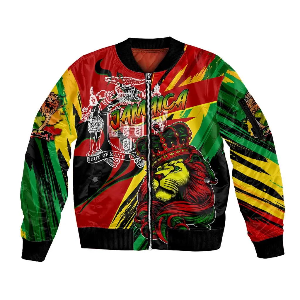 Afro Jamaica Lion Sleeve Zip Bomber Jacket Coat Of Arms Rastafarianism DT02