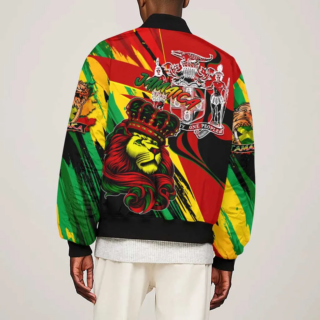 Afro Jamaica Lion Sleeve Zip Bomber Jacket Coat Of Arms Rastafarianism DT02