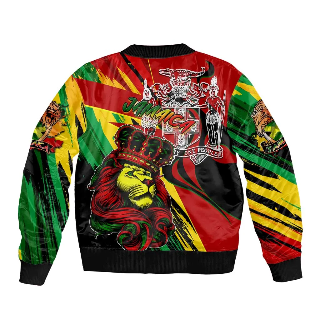Afro Jamaica Lion Sleeve Zip Bomber Jacket Coat Of Arms Rastafarianism DT02