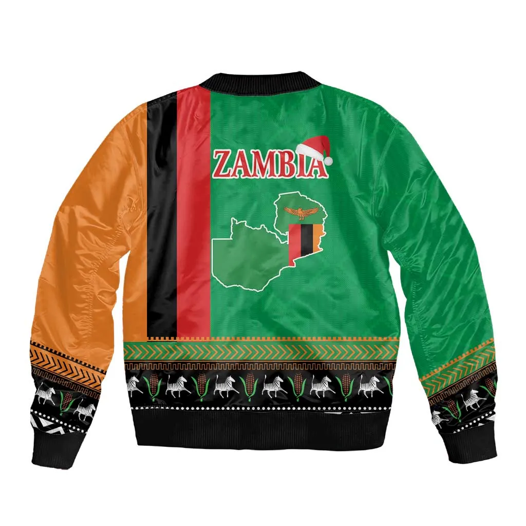 Afro Zambia Christmas Sleeve Zip Bomber Jacket Coat Of Arms With Kente Pattern LT18