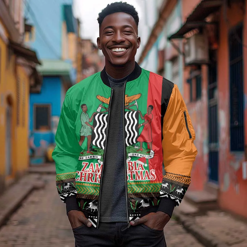 Afro Zambia Christmas Sleeve Zip Bomber Jacket Coat Of Arms With Kente Pattern LT18