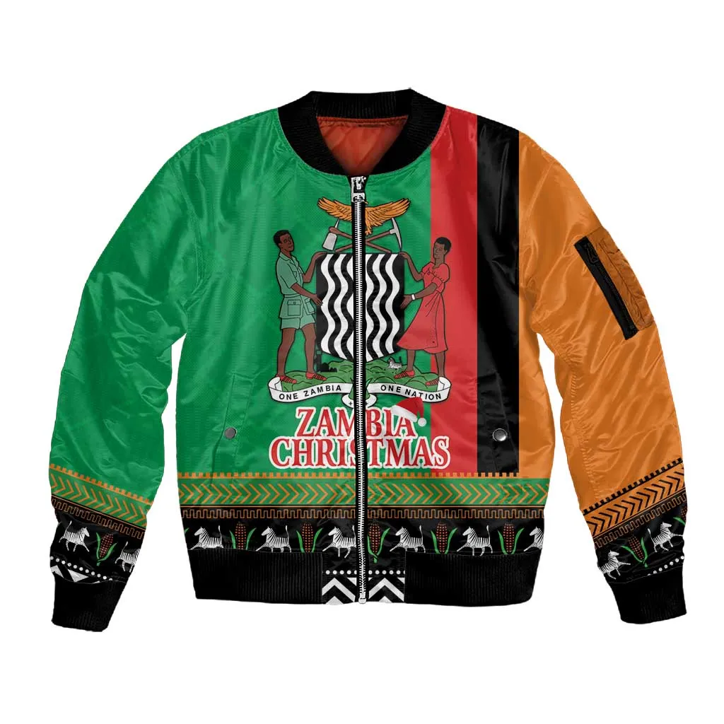 Afro Zambia Christmas Sleeve Zip Bomber Jacket Coat Of Arms With Kente Pattern LT18
