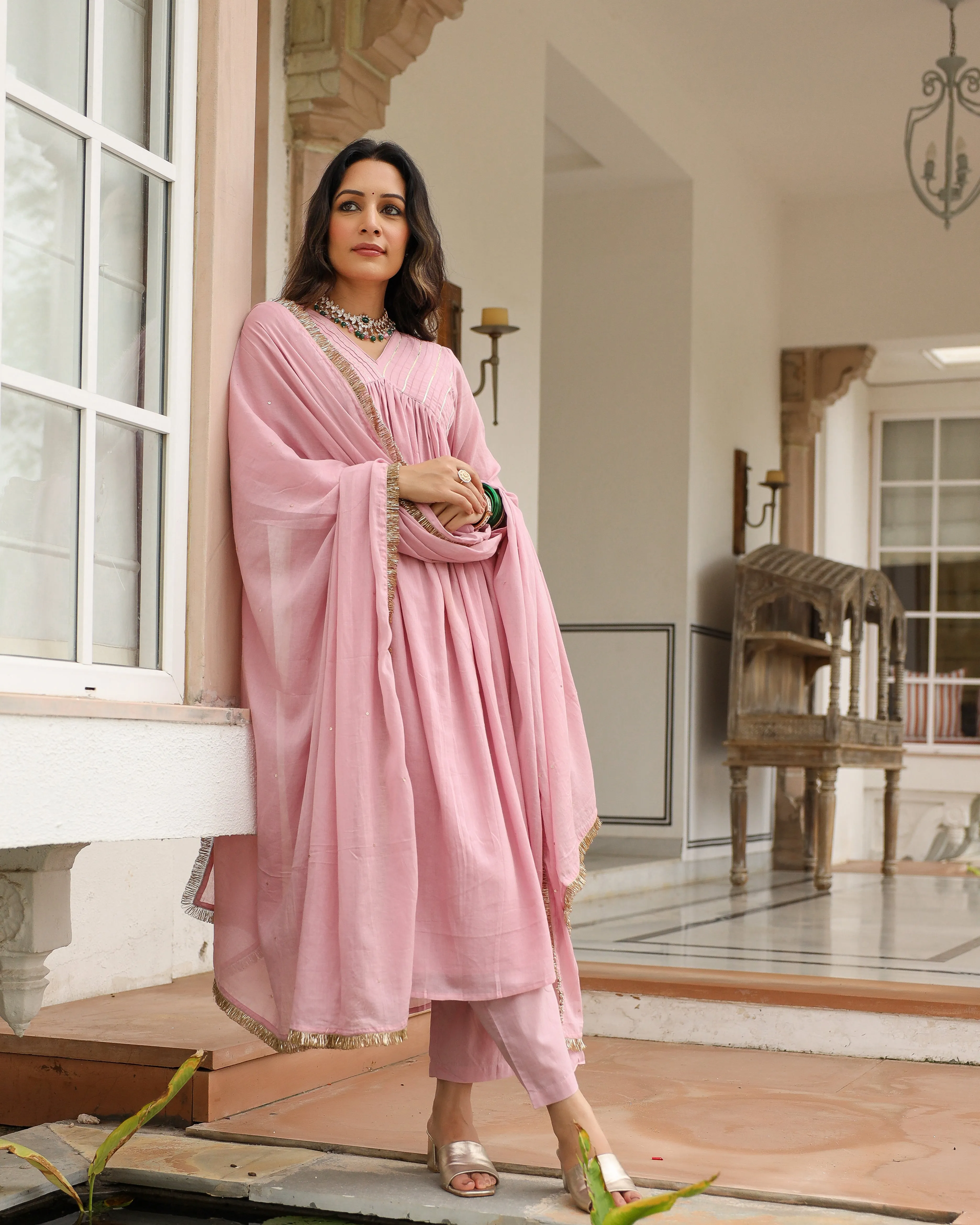 Baby  pink  mulmul cotton anarkali kurta set with trousers and dupatta