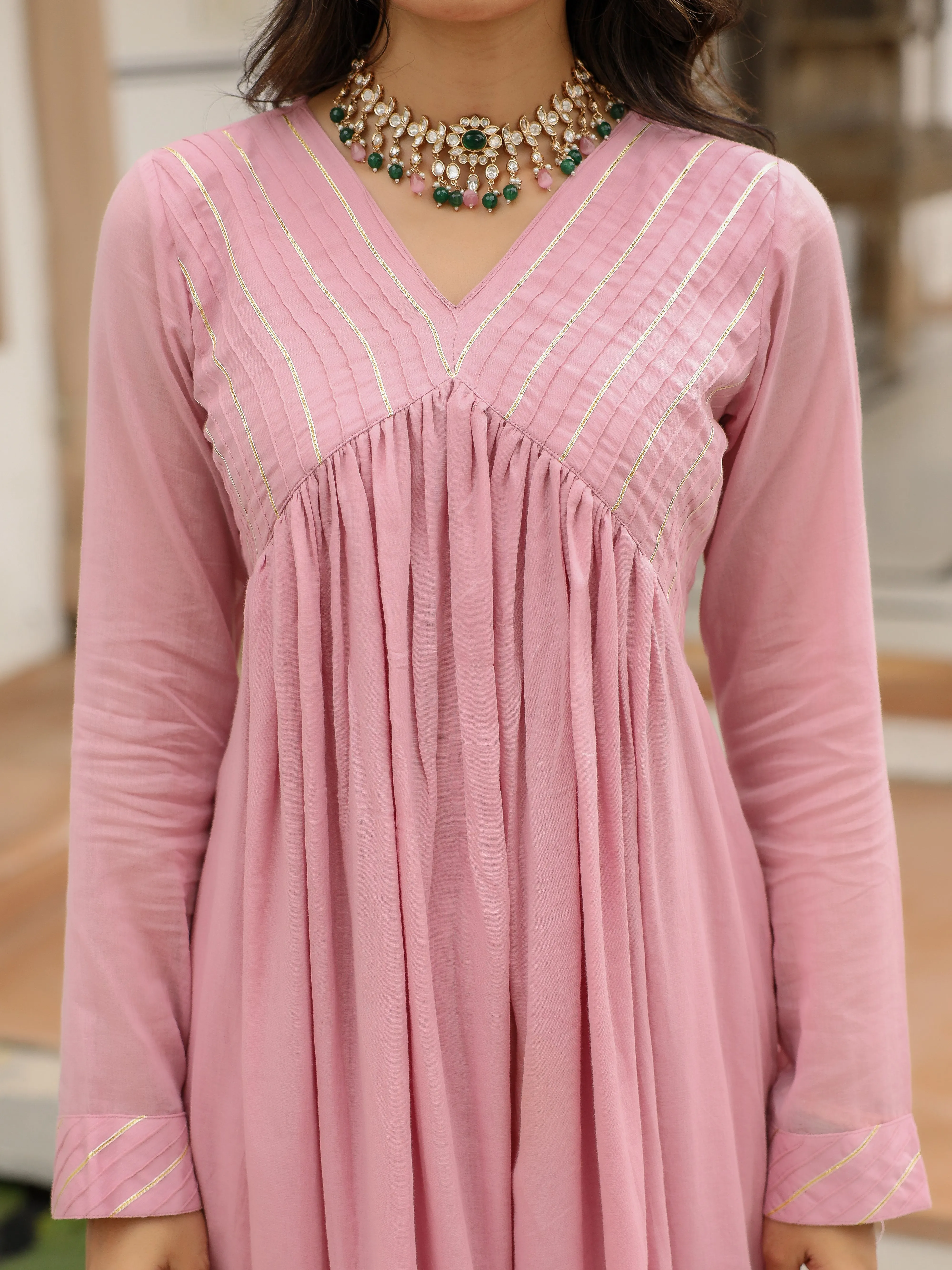 Baby  pink  mulmul cotton anarkali kurta set with trousers and dupatta