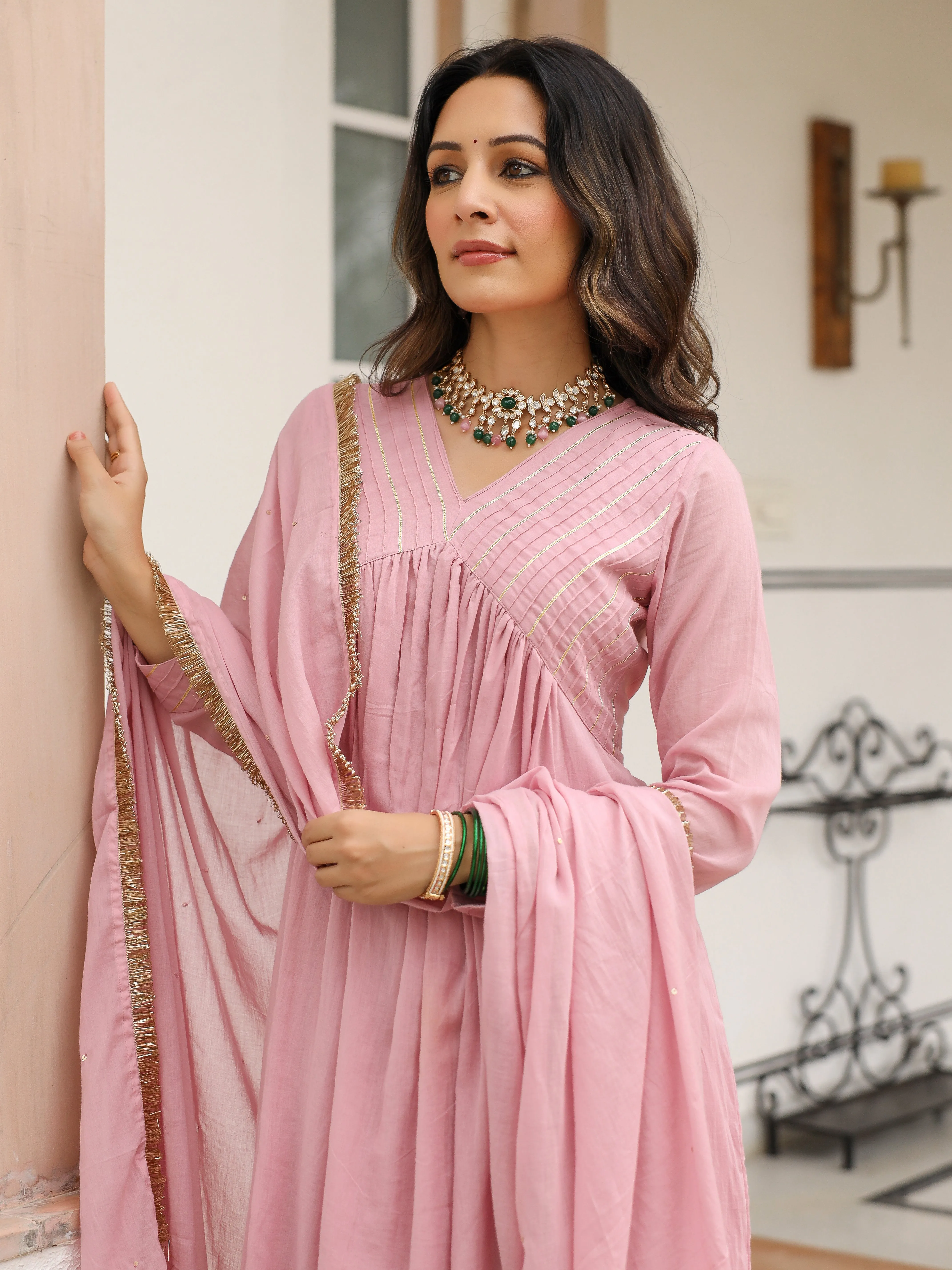 Baby  pink  mulmul cotton anarkali kurta set with trousers and dupatta