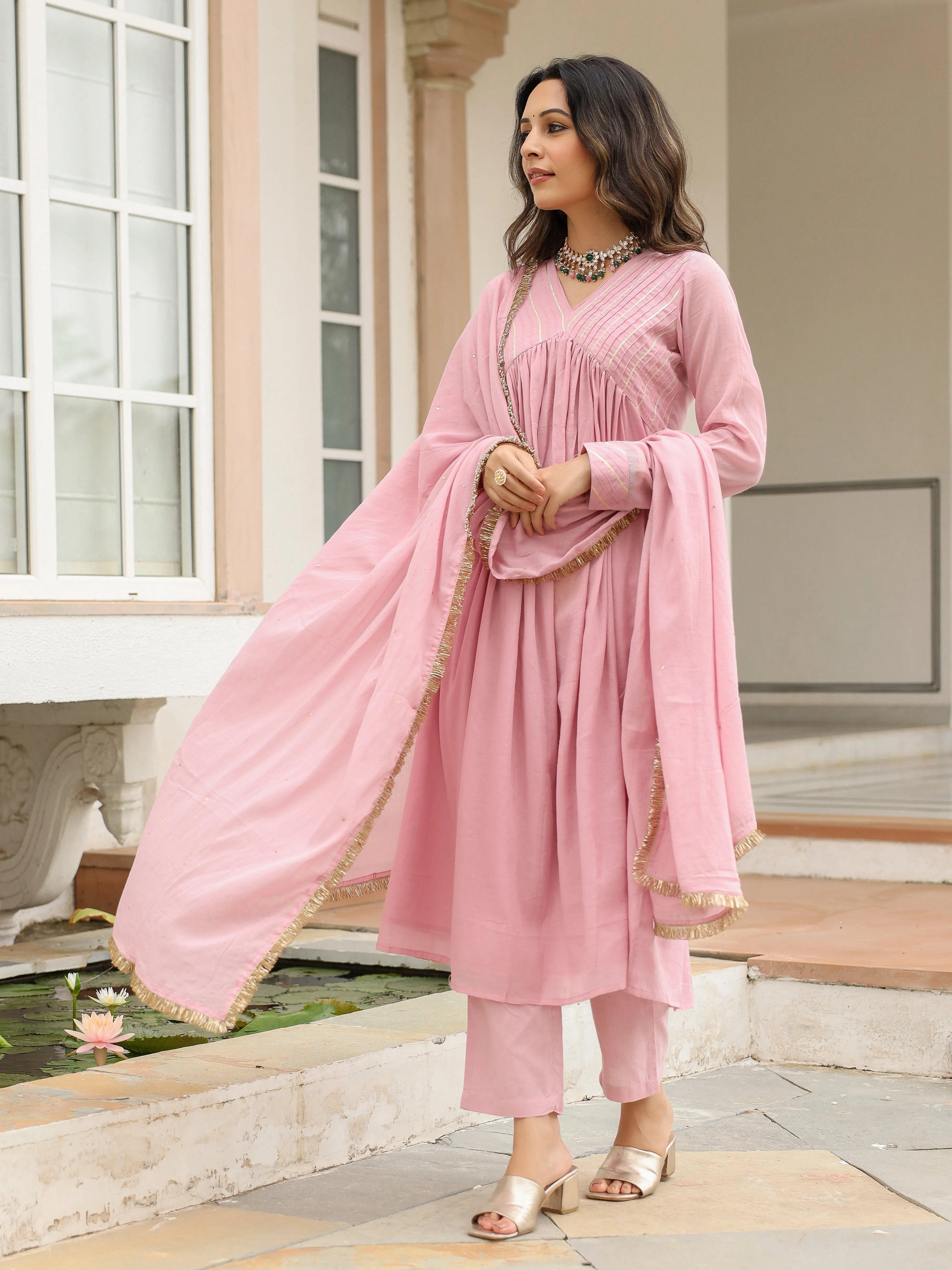 Baby  pink  mulmul cotton anarkali kurta set with trousers and dupatta