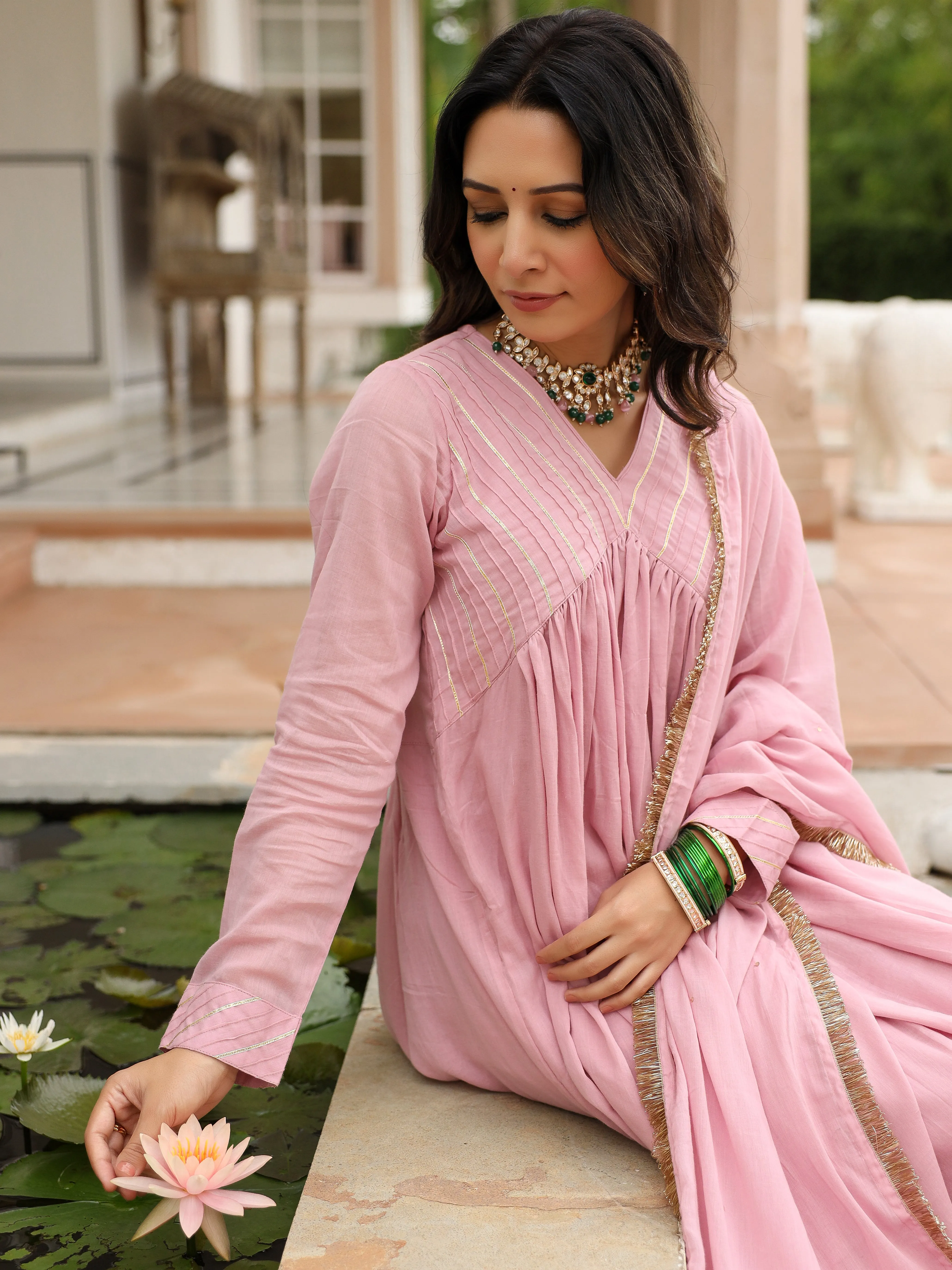 Baby  pink  mulmul cotton anarkali kurta set with trousers and dupatta