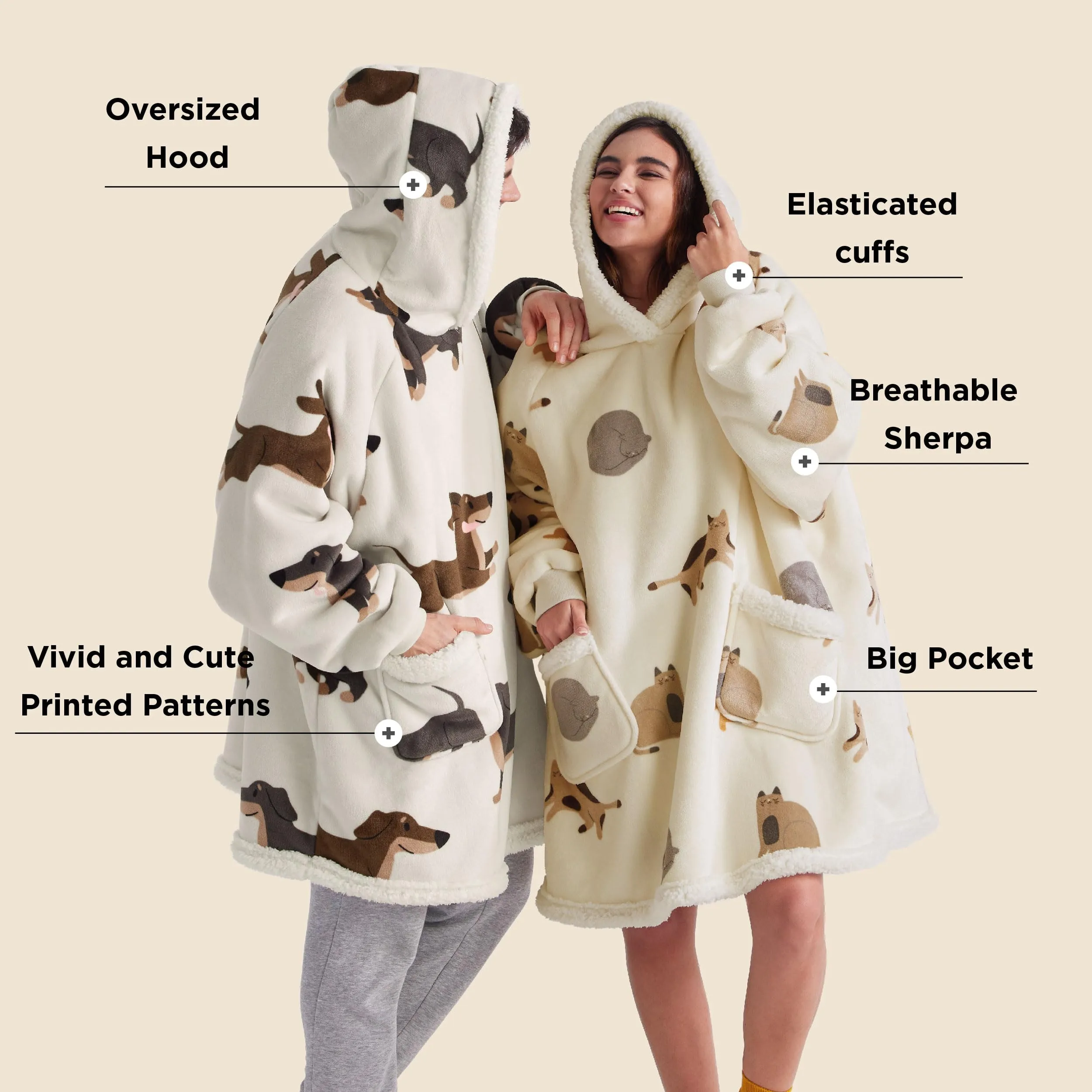 Bedsure Wearable Blanket Hoodie, Blanket Hoodies for Women Sherpa Hoodie as Gifts for Her Mom Girlfriend Kids, Hooded Blanket, Standard, Cat, Light Beige