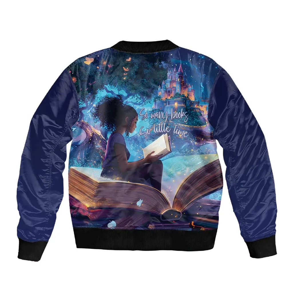 Black Girls Book Lovers Sleeve Zip Bomber Jacket So Many Books - So Little Time LT15