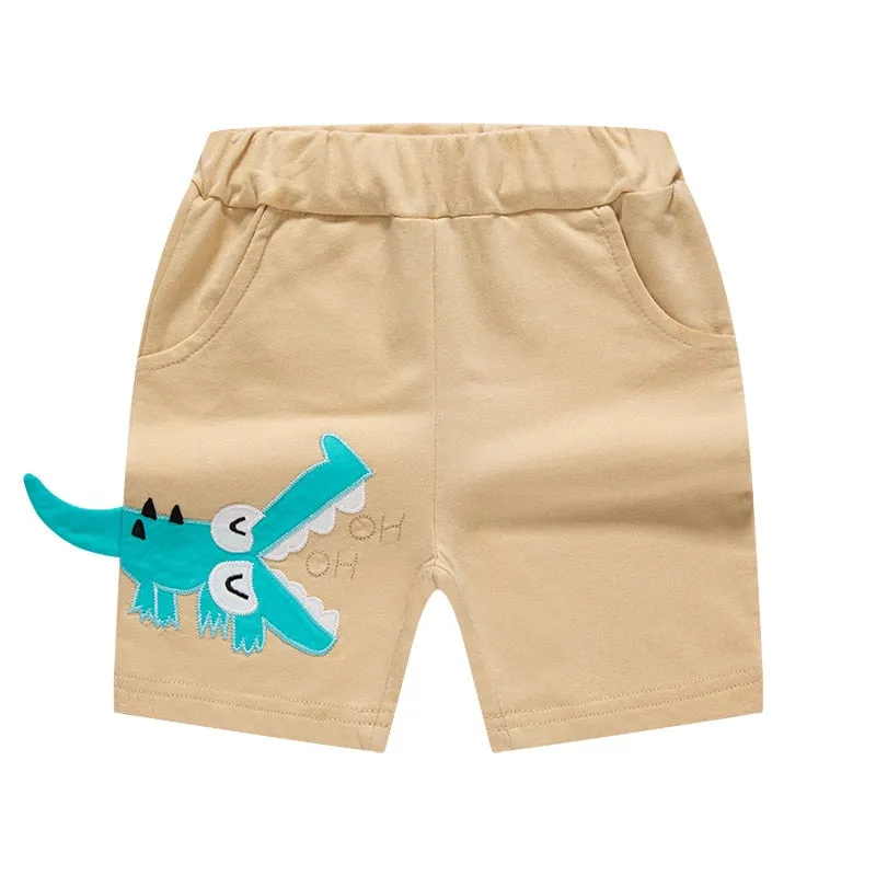 Boys Cartoon Dinosaur or Bird Embroidery Shorts - Blue, Navy, Grey, Black, Beige