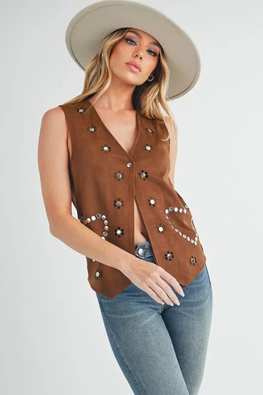 Brown Heart Rivet Suede Vest | Stylish Sleeveless Layering Piece for Women