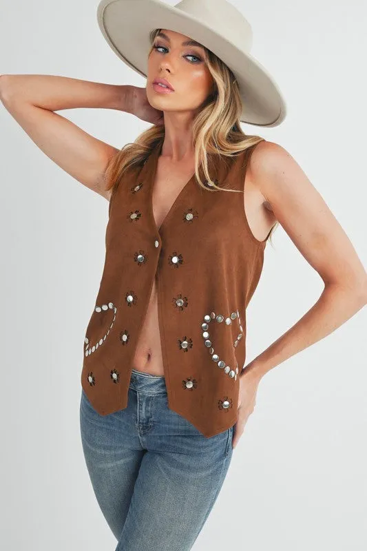 Brown Heart Rivet Suede Vest | Stylish Sleeveless Layering Piece for Women
