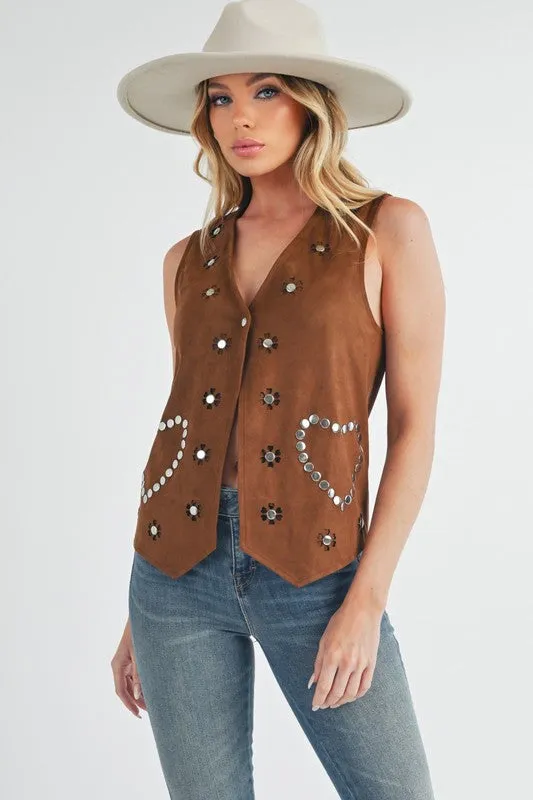 Brown Heart Rivet Suede Vest | Stylish Sleeveless Layering Piece for Women