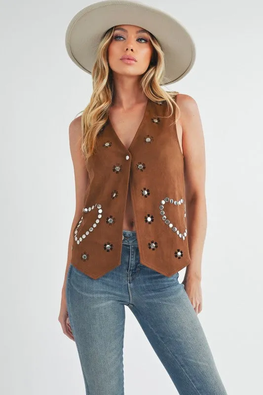 Brown Heart Rivet Suede Vest | Stylish Sleeveless Layering Piece for Women