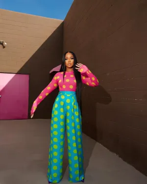 BruceGlen Blue and Green Polka Dot Printed Pants (As Worn by Sarah Jakes Roberts)