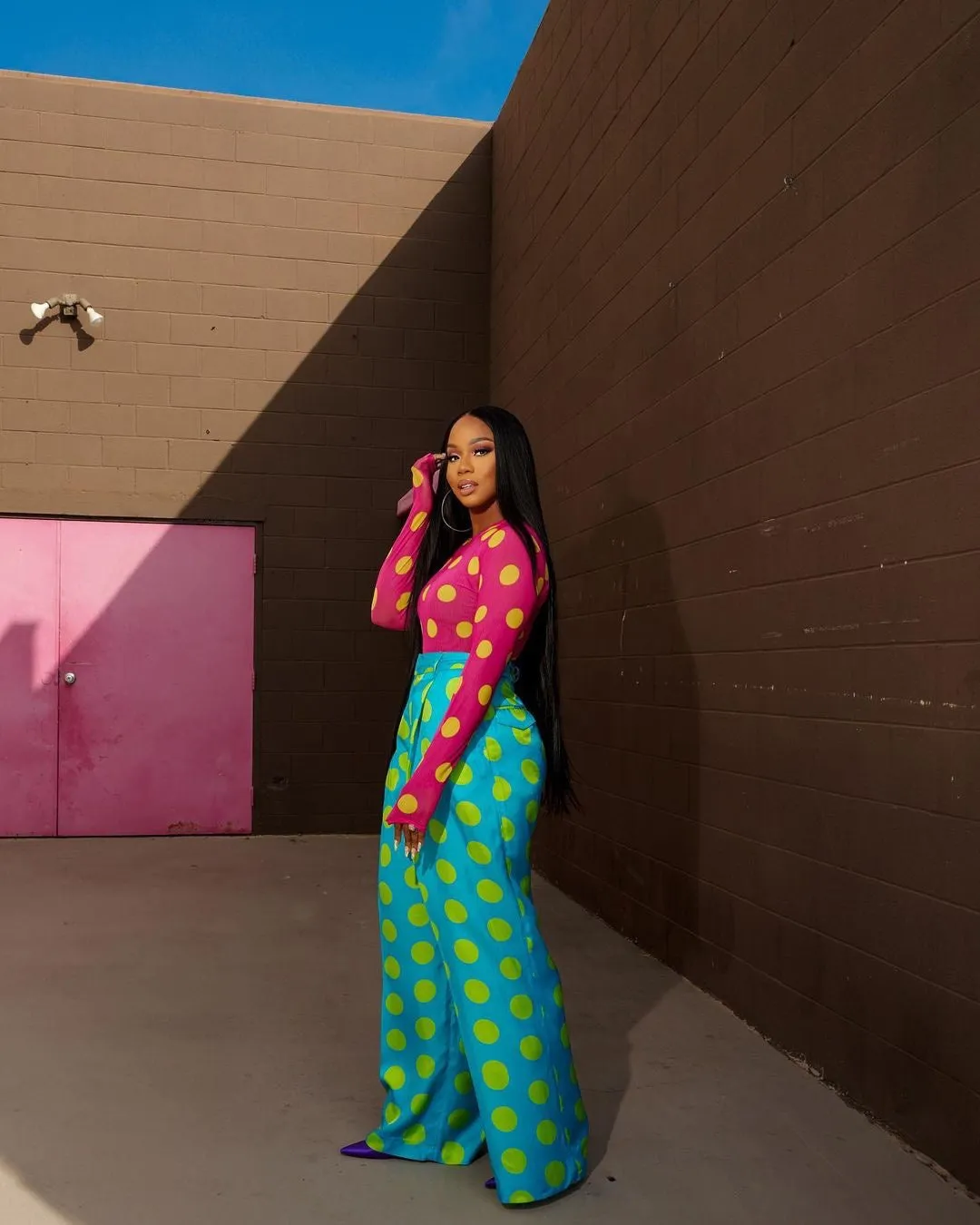 BruceGlen Blue and Green Polka Dot Printed Pants (As Worn by Sarah Jakes Roberts)