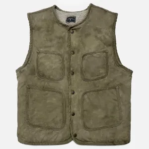 BZEN M.3203RR SILAS-MGC REGULAR FIT 4 POCKET ROUND NECK VEGGIE DYED CANVAS VEST WITH SHERPA LINING-12.5OZ-E0 MOSS GREEN