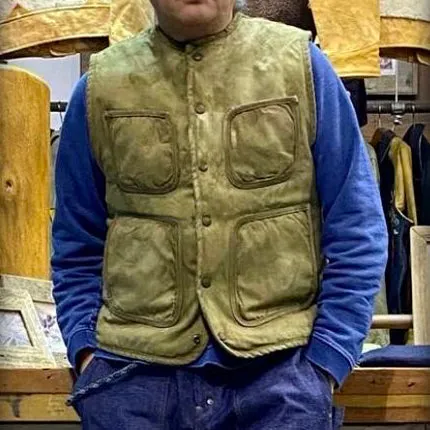 BZEN M.3203RR SILAS-MGC REGULAR FIT 4 POCKET ROUND NECK VEGGIE DYED CANVAS VEST WITH SHERPA LINING-12.5OZ-E0 MOSS GREEN