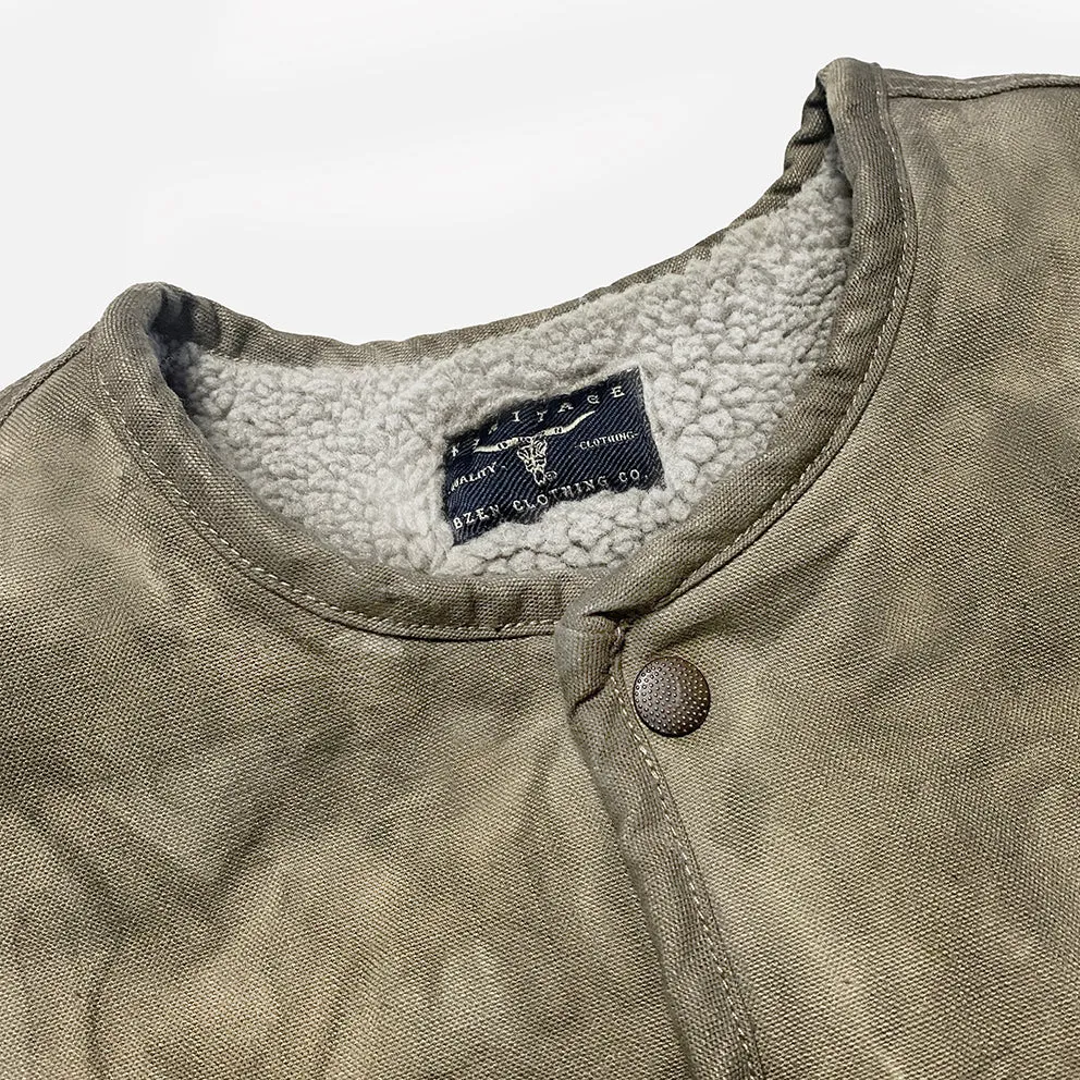 BZEN M.3203RR SILAS-MGC REGULAR FIT 4 POCKET ROUND NECK VEGGIE DYED CANVAS VEST WITH SHERPA LINING-12.5OZ-E0 MOSS GREEN