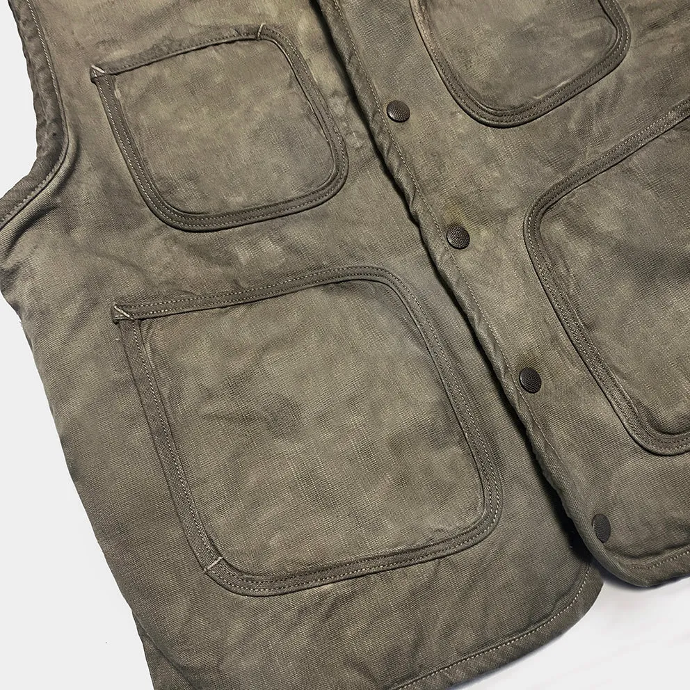 BZEN M.3203RR SILAS-MGC REGULAR FIT 4 POCKET ROUND NECK VEGGIE DYED CANVAS VEST WITH SHERPA LINING-12.5OZ-E0 MOSS GREEN