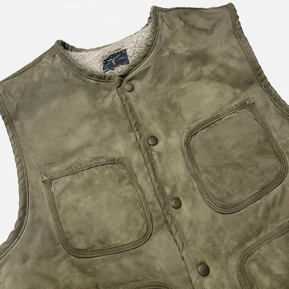 BZEN M.3203RR SILAS-MGC REGULAR FIT 4 POCKET ROUND NECK VEGGIE DYED CANVAS VEST WITH SHERPA LINING-12.5OZ-E0 MOSS GREEN
