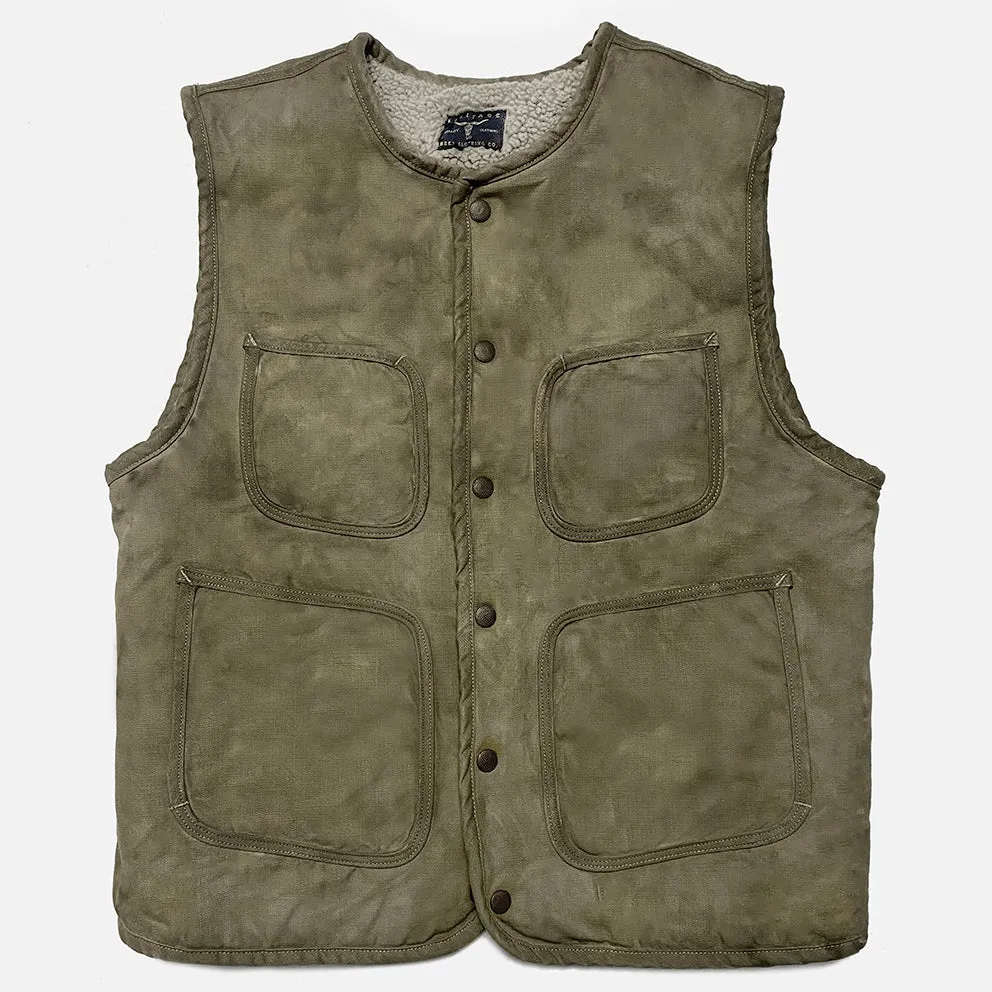 BZEN M.3203RR SILAS-MGC REGULAR FIT 4 POCKET ROUND NECK VEGGIE DYED CANVAS VEST WITH SHERPA LINING-12.5OZ-E0 MOSS GREEN