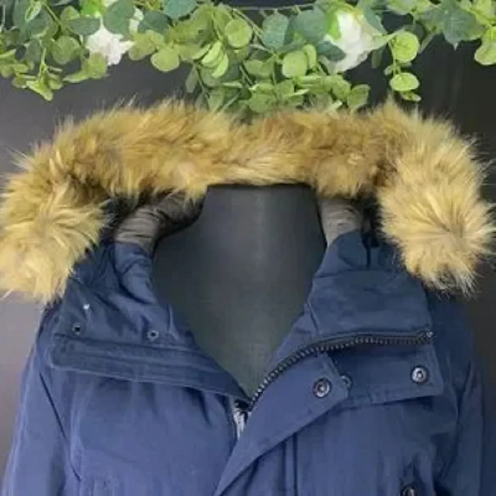 Club Room Parka Blue Faux Fur-Hood Jacket, Medium