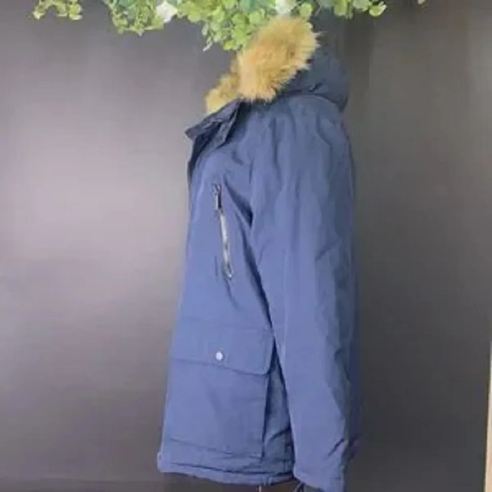Club Room Parka Blue Faux Fur-Hood Jacket, Medium