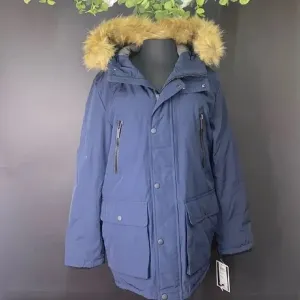 Club Room Parka Blue Faux Fur-Hood Jacket, Medium