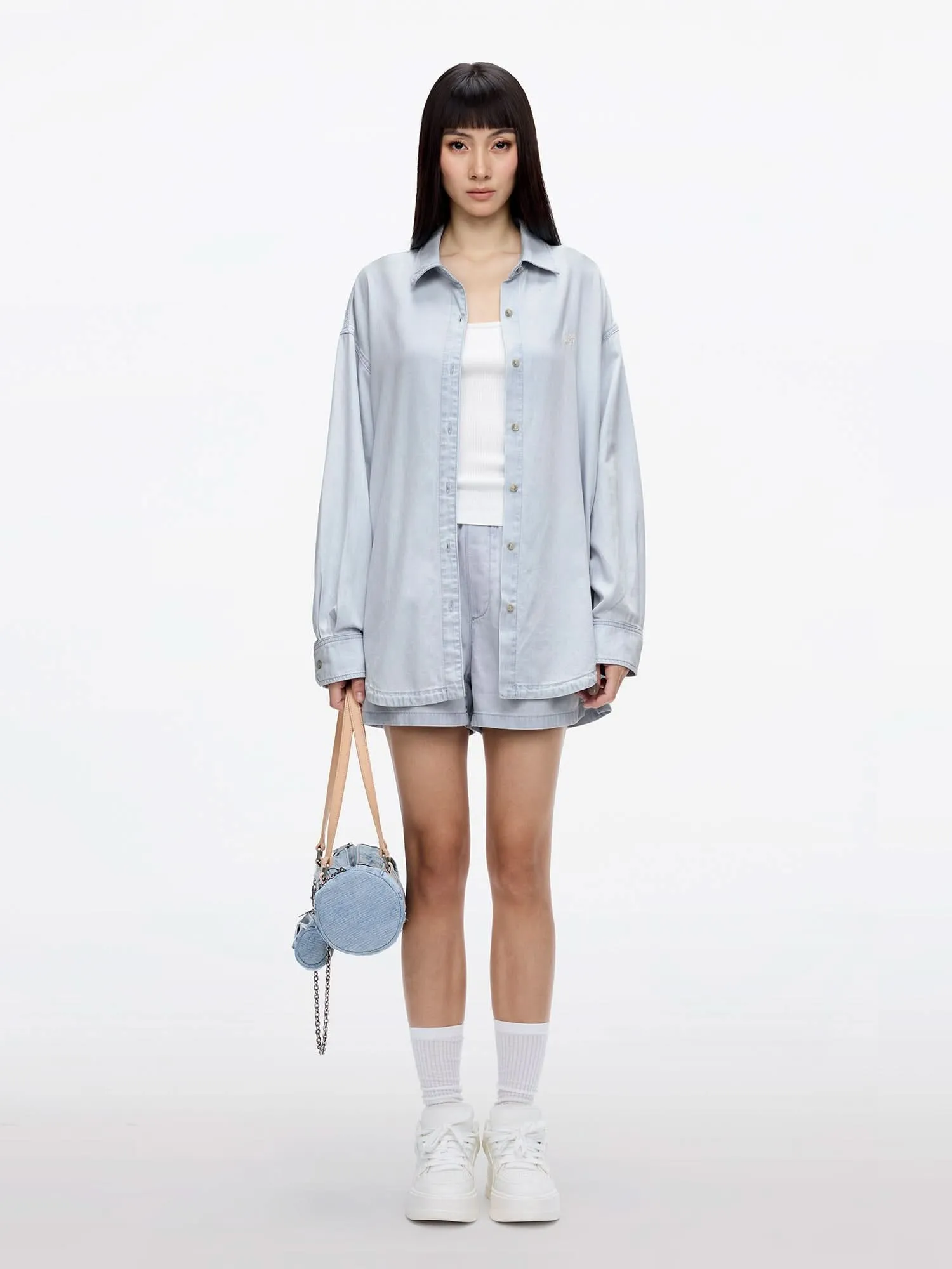 Elastic-Waist Straight Denim Shorts