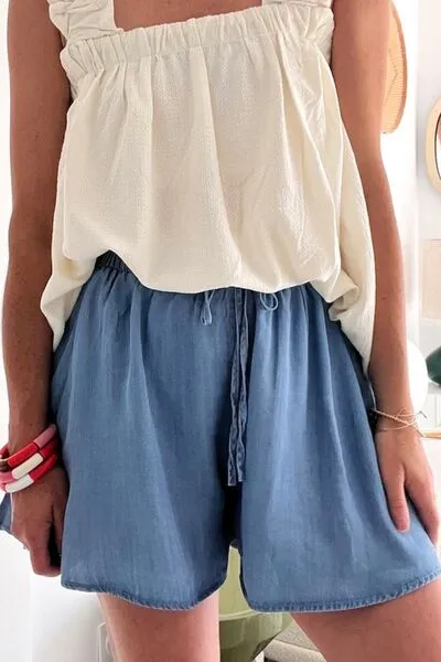 Elastic Waist Wide Leg Denim Shorts