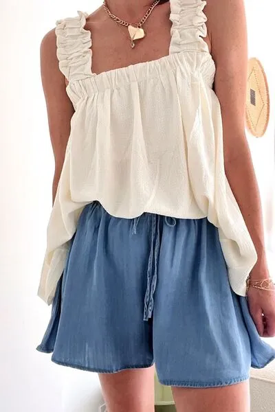 Elastic Waist Wide Leg Denim Shorts