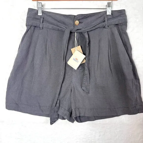 Faherty Arlie Tie Waist Shorts Womens M Gray Organic Cotton Lyocell Pleated