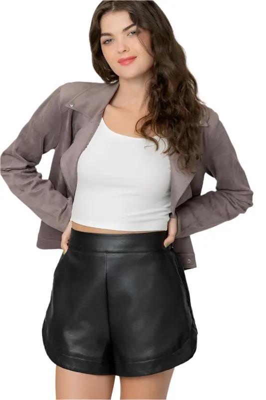 Faux Leather Shorts with Back Elastic Waist Band