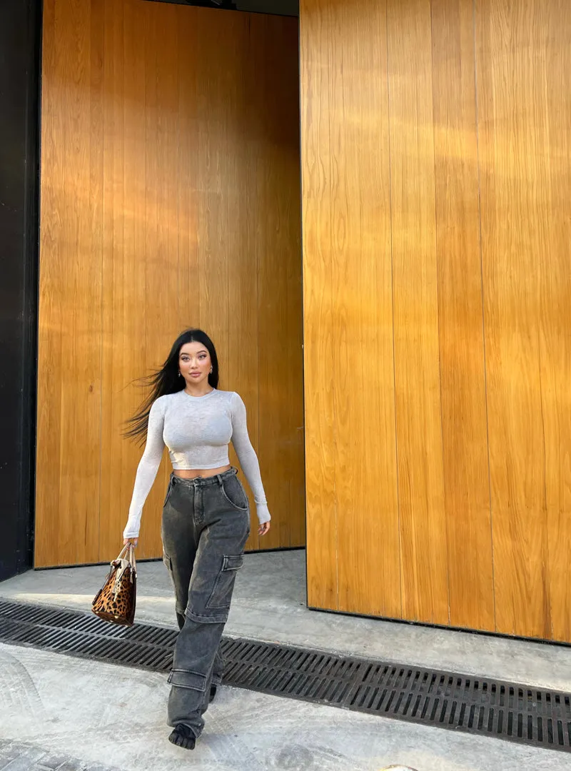 Francis Washed Grey Baggy Cargo Denim Jeans Pants