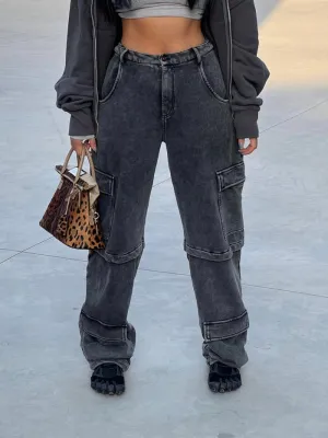 Francis Washed Grey Baggy Cargo Denim Jeans Pants