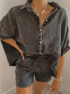Gauze Drawstring Shorts - Ash Black